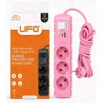 UFO Yeni 3lü Akım Korumalı Grup Priz 5 Metre Bakır Kablolu, 5V 2,4A USB ve Type-C ile Şarj, Anahtarlı Topraklı Priz, Sürekli Koruma, 16A 250V, Max 3500W Aşırı Yük Koruması, 5m. Pembe renk
