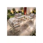 Ufuk Home Violet Krem 2+1+1 Masalı Gri Bahçe Oturma Grubu Minderli Metal Ahşap Detaylı Balkon Teras Takımı
