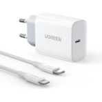 Ugreen 20W PD Şarj Cihazı ve Type-C to Lightning iPhone 11 12 13 X Şarj Kablosu 1 Metre - Beyaz