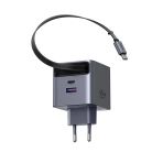 Ugreen 45W Makaralı Dahili Kablolu Gan Hızlı Şarj Cihazı, 2Xusb-C, 1Xusb-A, Gri, 65822