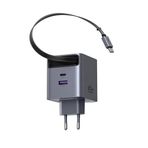 UGREEN 65W Makaralı Dahili Kablolu GaN Hızlı Şarj Cihazı, 2xUSB-C, 1xUSB-A, Gri, 65825