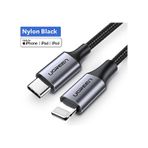 Ugreen Lightning to Usb-C 3A PD MFi Sertifikalı Örgülü Hızlı Şarj Kablosu 1 m Siyah