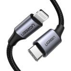 UGREEN USB-C - Lightning 3A PD MFi Sertifikalı Örgülü Hızlı Şarj Kablosu, 1 m, Siyah, 60759