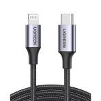 Ugreen USB-C - Lightning 3A PD MFi Sertifikalı Örgülü Hızlı Şarj Kablosu, 2 m, Siyah, 60761