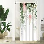 Uiiooazy Duş perdesi yeşil yapraklar, duş perdesi adaçayı yeşili okaliptüs pembe çiçekler duş perdesi küf tutmaz su geçirmez polyester kumaş yıkanabilir banyo perdesi 6 kancalı banyo perdesi 90 x 180