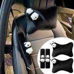 UINSUE Araba Koltuğu Yastığı ve Emniyet Kemeri Kılıfları 2 Parça Sevimli Panda Araba Kafalık Yastık Karikatür Rahat Boyun Destek Minderleri Yumuşak Peluş Oto Kemer Dekor Sargıları (2 Adet Araba