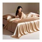 Ultra Yumuşak İpek Nevresim Takımı - Tek Kişilik ve Çift Kişilik Yataklar için Lüks Saten Nevresim Takımı (230x250 cm + 2 Yastık Kılıfı 48x74cm) - Altın Rengi - Zarif Yatak Odası Dekoru için Mükemmel
