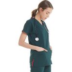 Ultralycra Spaniard - Likralı Doktor Hemşire Scrubs Tek Üst Cerrahi Forma (Kadın), Koyu Yeşil - 2XL