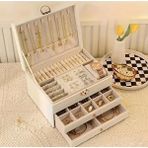 UltraMint 3 Katlı Modern Takı Organizer, Kilitli Suni Deri Takı Kutusu 23X13X17 cm - Ahşap - Bej - Siyah