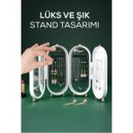 UltraMint Katlanabilir 4 Bölmeli Aynalı Takı Organizeri, Toka ve Zincir Askısı - Ahşap - Bej - Siyah
