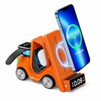 ULTRATEKNO T20 15W 5’i 1 Arada Magsafe Kablosuz Şarj İstasyonu, Dijital Saatli Forklift Tasarım, iPhone 16/15/14/13/12, Apple Watch, AirPods Uyumlu Masaüstü Hızlı Şarj Standı (Turuncu)
