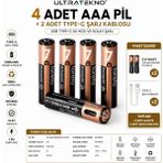 UltraTekno USB Type-C Şarjlı Aaa Pil 1.5V 1000+ Kez Şarj Edilebilir Lityum Pil Kalem Pil (2’li Paket) - 4'lü ( 2 Paket )