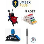 Umbex Plus Çift Kovalı Plastik Presli Yandan Itmeli Plastik Temizlik Arabası 5 Li Mop Setli