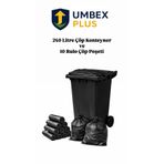 UMBEX PLUS Plastik Metal Pedallı Çöp Konteyneri 240 Litre Konteyner ve 10 Rulo Çöp Poşeti - Isıya Dayanıklı -