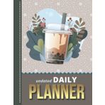 Undated Daily Planner: Hardcover 8.5x11 One Page Per Day Diary / 365 Logs / 6AM to 7PM Hourly Schedule / Bubble Tea Floral Art on Brown Blue / To Do ... / Time Management Gift For Organized People