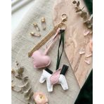 Unicorn At ve Kalp Figürlü Çanta Süsü Anahtarlık, Pembe ve Beyaz, Altın Zincirli, Püsküllü
