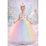 Unicorn Elbisesi Tarlatanlı Kabarık Taç Hediyeli - 4 - 5 Yaş - Çok Renkli