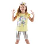 Unicorn Kız Çocuk T-shirt Metalik Tayt Takım Sarı 7 Y