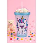 Unicorn Temalı Suluk Pipetli Buzlu Cam Görünümlü 450 ml Çift Katman Mika Su Şişesi 2646 Mavi - 1