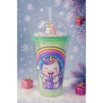 Unicorn Temalı Suluk Pipetli Buzlu Cam Görünümlü 450 ml Çift Katman Mika Su Şişesi 2646 Yeşil - Karışık-Çok Renkli - 1