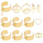 UNICRAFTALE DIY Charm Manşet Yüzük Yapma Kiti Paslanmaz Çelik Yüzük Aksesuarları Kalp Kolye Yaprak Charms Barış Burcu Konnektörler Altın Açık Viraj Yüzük