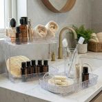 Unique Me Makyaj Organizeri Kozmetik Aksesuar Düzenleyici Banyo Rafı Seti Şeffaf Diamond (2 Katlı + Tek Katlı)
