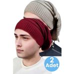 Uniquetrenders 2'Li Erkek Kışlık Triko Örgü Bere Ve Boyunluk Bordo - Camel