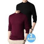 Uniquetrenders 2'Li Erkek Tüylenmeyen Yarım Boğazlı Triko Kazak Yarım Balıkçı Triko Kazak Bordo - Siyah XL