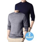 Uniquetrenders 2'Li Erkek Tüylenmeyen Yarım Boğazlı Triko Kazak Yarım Balıkçı Triko Kazak Füme - Lacivert 2XL