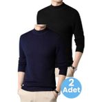Uniquetrenders 2'Li Erkek Tüylenmeyen Yarım Boğazlı Triko Kazak Yarım Balıkçı Triko Kazak Lacivert - Siyah XL