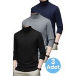 Uniquetrenders 3'lü Erkek Tüylenmeyen Boğazlı Triko Kazak Balıkçı Triko Kazak - XL - Lacivert - Füme - Siyah