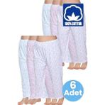 Uniquetrenders Kadın %100 Pamuklu Desenli Emprime Lastikli Uzun Pijama Düz Paçalı Don 6'Lı Set Beyaz 4XL