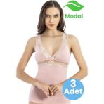 Uniquetrenders Kadın 3'lü Dantel Askı Detaylı V Yaka Atlet Modal Atlet - Pudra - 2XL