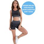 Uniquetrenders Kadın Dikişsiz Melanjlı Fitness Yoga Pilates Sporcu Büstiyer Şort Takımı Siyah XS-S