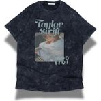 Unisex 1989 Yazılı Yıkamalı T-Shirt, Oversize Taylor Swift Temalı Bisiklet Yaka Vintage Tişört - Siyah - XL