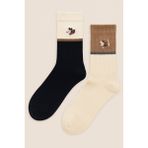Unisex 2'li Köpek Nakışlı Soket Çorap Ekru Mix