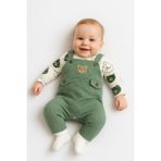 Unisex 3-6-9 Ay Pamuklu Peluş Ayıcık Baskılı Salopet Takım (Body+Tulum+Çorap) | Bebek Kıyafeti Seti - Haki - 3 Ay