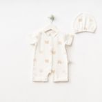 Unisex Barbatöz Desenli Yazlık Bebe Tulum - Krem - Kahve - 0 - 3 Ay