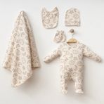 Unisex Battaniyeli Tulum 5'li Yenidoğan Bebek Hastane Çıkışı Zıbın Seti - Krem - 0 - 3 Ay