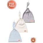 Unisex Bebek Arma Detaylı Bağlamalı Penye Organik Pamuklu Yenidoğan 3lü Bebek Bere Set - Mavi - 0 - 3 Ay