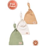 Unisex Bebek Arma Detaylı Bağlamalı Penye Organik Pamuklu Yenidoğan 3lü Bebek Bere Set - Renkli - 0 - 3 Ay