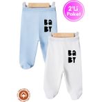 Unisex Bebek Baby Baskılı Penye Organik Pamuklu 0-6 Ay Patikli Bebek Pantolon Tek Alt 2li Set - 04G-Mavi - 3 - 6 Ay