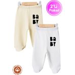 Unisex Bebek Baby Baskılı Penye Organik Pamuklu 0-6 Ay Patikli Bebek Pantolon Tek Alt 2li Set - 05S-Sarı - 3 - 6 Ay