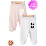 Unisex Bebek Baby Baskılı Penye Organik Pamuklu 0-6 Ay Patikli Bebek Pantolon Tek Alt 2li Set - Açık Somon - 0 - 3 Ay