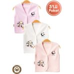 Unisex Bebek Baykuş Baskılı Organik Pamuklu 3-6-9 Ay 3lü Penye Bebek Yelek Set - 3 - 6 Ay - 626-Pembe
