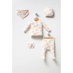 Unisex Bebek Gökkuşağı Desenli Natural 5li Hastane Çıkışı Zıbın Seti - Kemik - 0 - 3 Ay