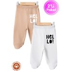 Unisex Bebek Hello Baskılı Penye Organik Pamuklu 0-6 Ay Patikli Bebek Pantolon Tek Alt 2li Set - 02S-Bej - 0 - 3 Ay