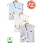 Unisex Bebek Koala Baskılı Organik Pamuklu 3-6-9 Ay 3lü Kapitone Bebek Yelek Set - 3 - 6 Ay - 05T-Mavi