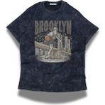 Unisex Brooklyn Yazılı Yıkamalı T-Shirt, Oversize Basketbol Temalı Bisiklet Yaka Retro Tişört - Siyah - 3XL
