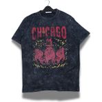 Unisex Chicago Yazılı Yıkamalı T-Shirt, Oversize Basketbol Temalı Bisiklet Yaka Retro Tişört - Siyah